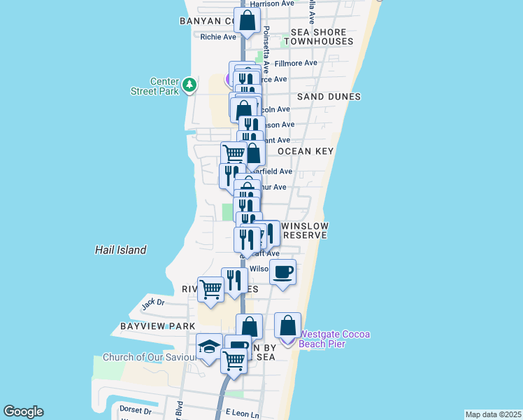 map of restaurants, bars, coffee shops, grocery stores, and more near 125 Cleveland Avenue in Cocoa Beach