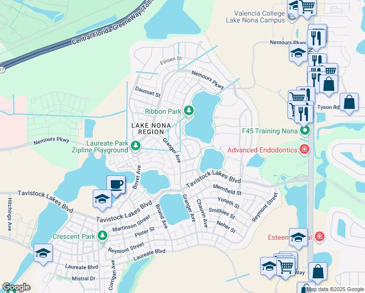 map of restaurants, bars, coffee shops, grocery stores, and more near 13375 Granger Avenue in Orlando