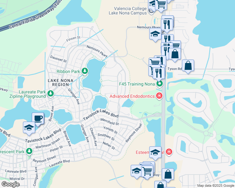 map of restaurants, bars, coffee shops, grocery stores, and more near Lessing Avenue in Orlando