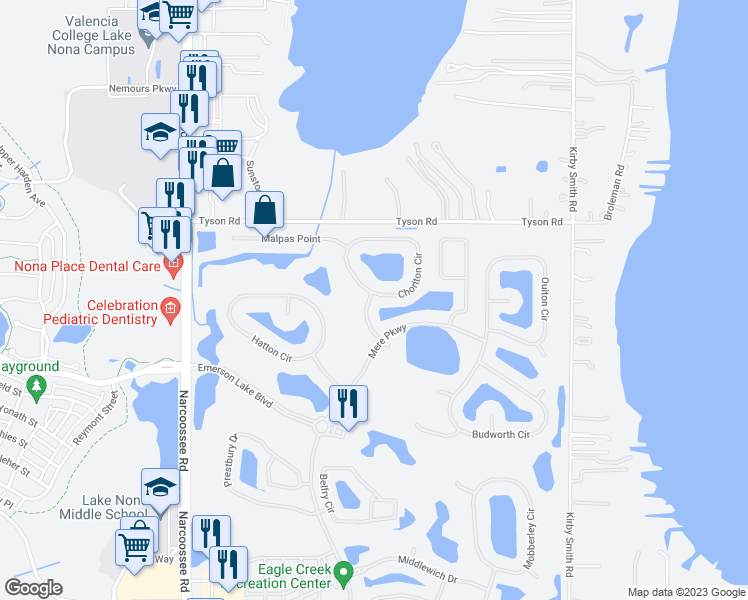 map of restaurants, bars, coffee shops, grocery stores, and more near 9806 Chorlton Circle in Orlando