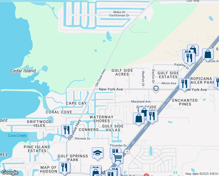 map of restaurants, bars, coffee shops, grocery stores, and more near 7335 New York Avenue in Hudson