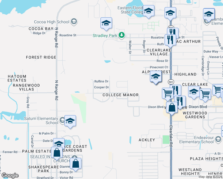 map of restaurants, bars, coffee shops, grocery stores, and more near 1929 Furman Court in Cocoa