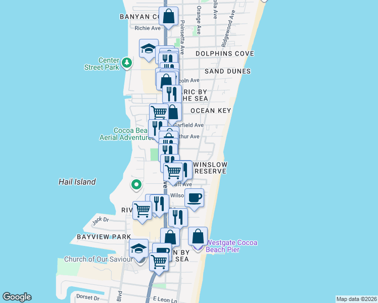 map of restaurants, bars, coffee shops, grocery stores, and more near 208 Cleveland Avenue in Cocoa Beach