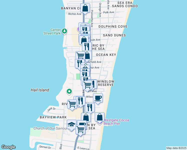 map of restaurants, bars, coffee shops, grocery stores, and more near 208 Cleveland Avenue in Cocoa Beach