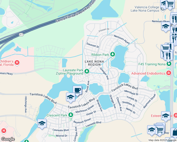 map of restaurants, bars, coffee shops, grocery stores, and more near 13107 Bovet Avenue in Orlando