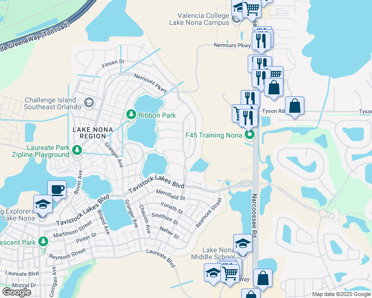 map of restaurants, bars, coffee shops, grocery stores, and more near 13195 Lessing Avenue in Orlando