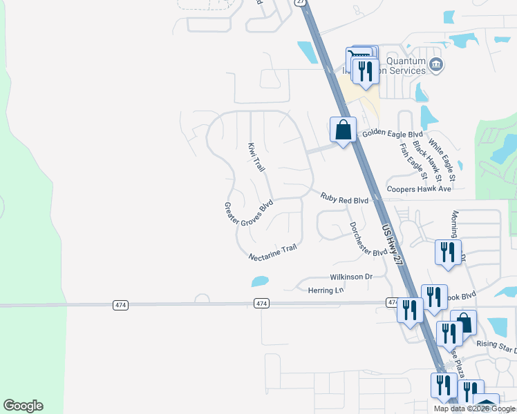 map of restaurants, bars, coffee shops, grocery stores, and more near 2001 Onecco Court in Clermont