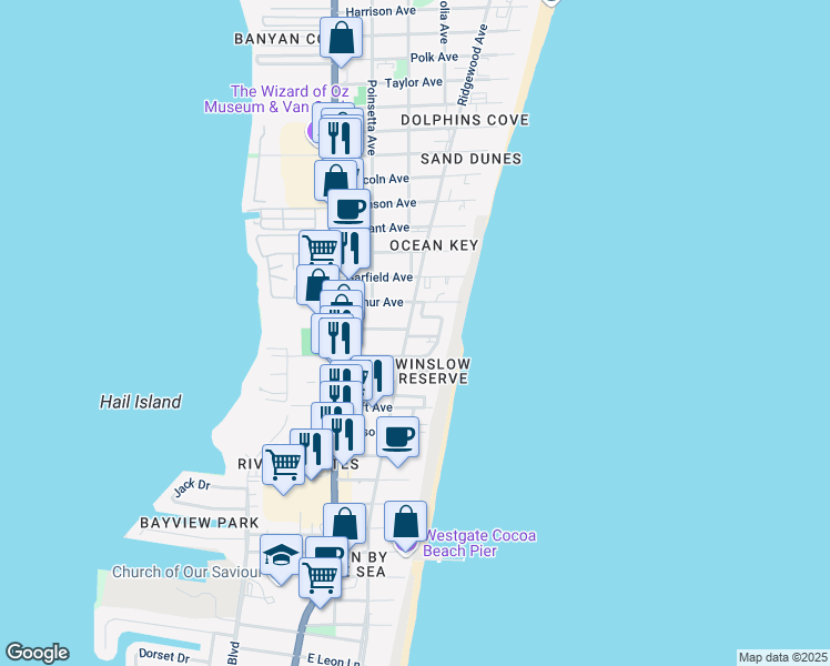 map of restaurants, bars, coffee shops, grocery stores, and more near 306 North Azure Lane in Cocoa Beach