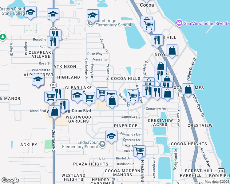 map of restaurants, bars, coffee shops, grocery stores, and more near 1426 Pineda Street in Cocoa