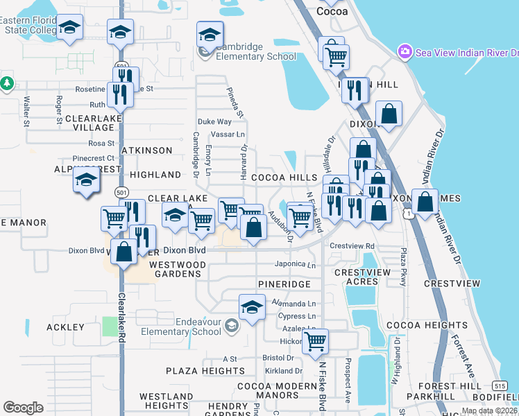 map of restaurants, bars, coffee shops, grocery stores, and more near 1426 Pineda Street in Cocoa