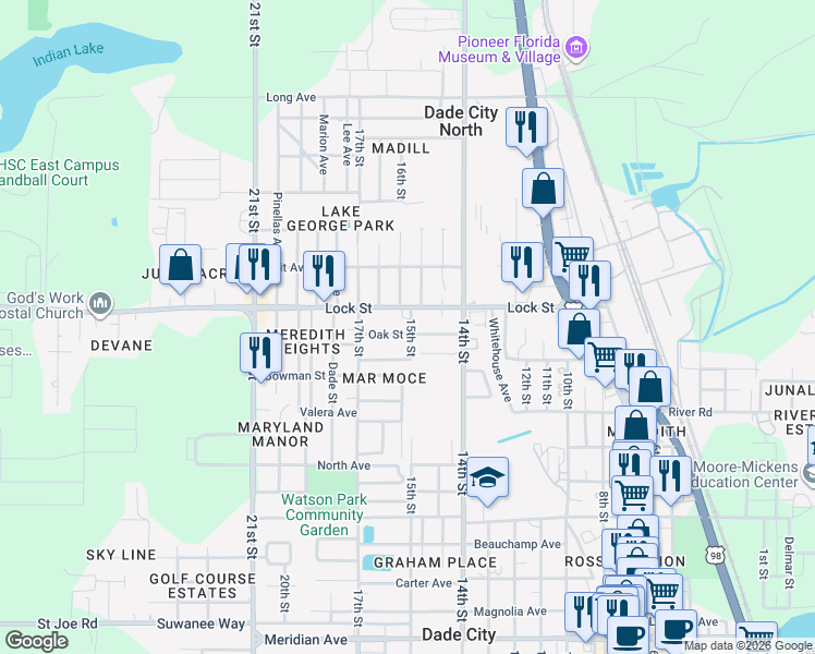 map of restaurants, bars, coffee shops, grocery stores, and more near 37335 Oak Street in Dade City