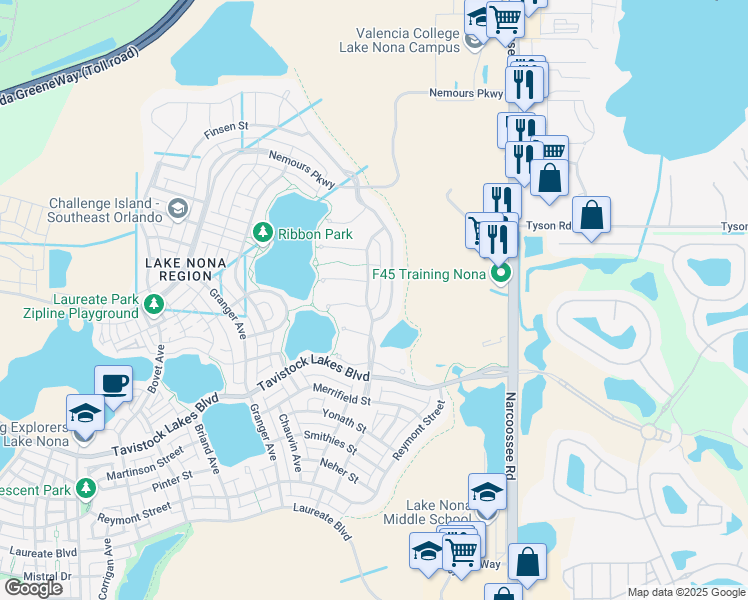 map of restaurants, bars, coffee shops, grocery stores, and more near 13195 Lessing Avenue in Orlando