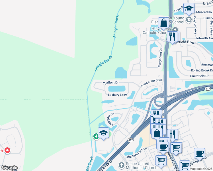 map of restaurants, bars, coffee shops, grocery stores, and more near 13107 Luxbury Loop in Orlando