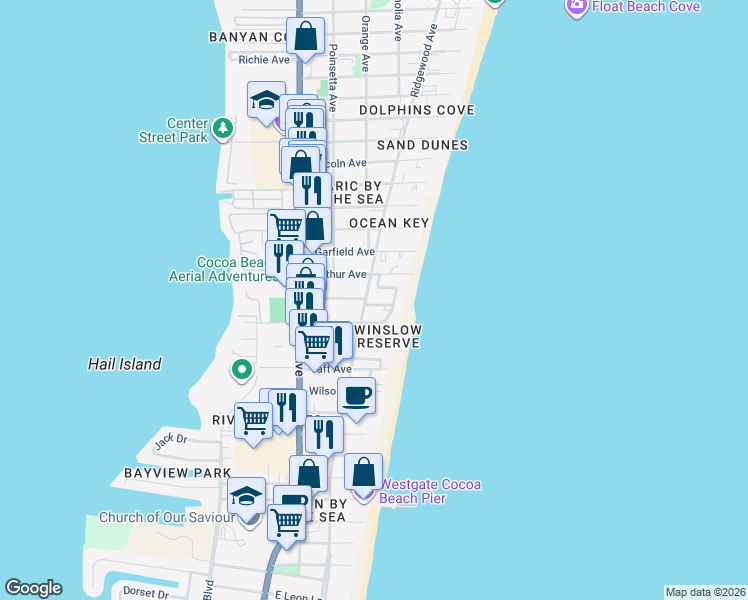 map of restaurants, bars, coffee shops, grocery stores, and more near 306 North Azure Lane in Cocoa Beach