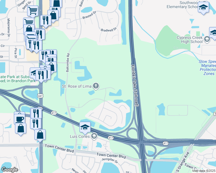 map of restaurants, bars, coffee shops, grocery stores, and more near 1343 Aguacate Court in Orlando