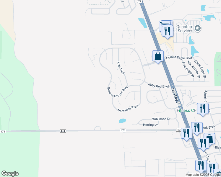 map of restaurants, bars, coffee shops, grocery stores, and more near 15430 Greater Groves Boulevard in Clermont