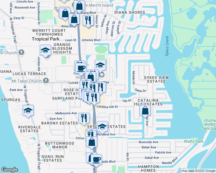 map of restaurants, bars, coffee shops, grocery stores, and more near 105 Pacific Place in Merritt Island