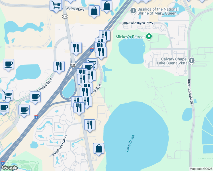 map of restaurants, bars, coffee shops, grocery stores, and more near 13013 Mulberry Park Drive in Orlando