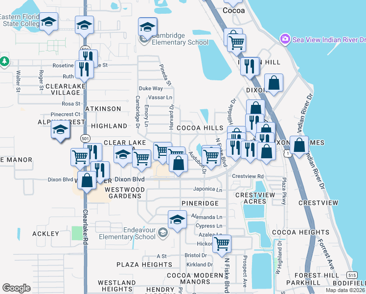 map of restaurants, bars, coffee shops, grocery stores, and more near 1426 Pineda Street in Cocoa