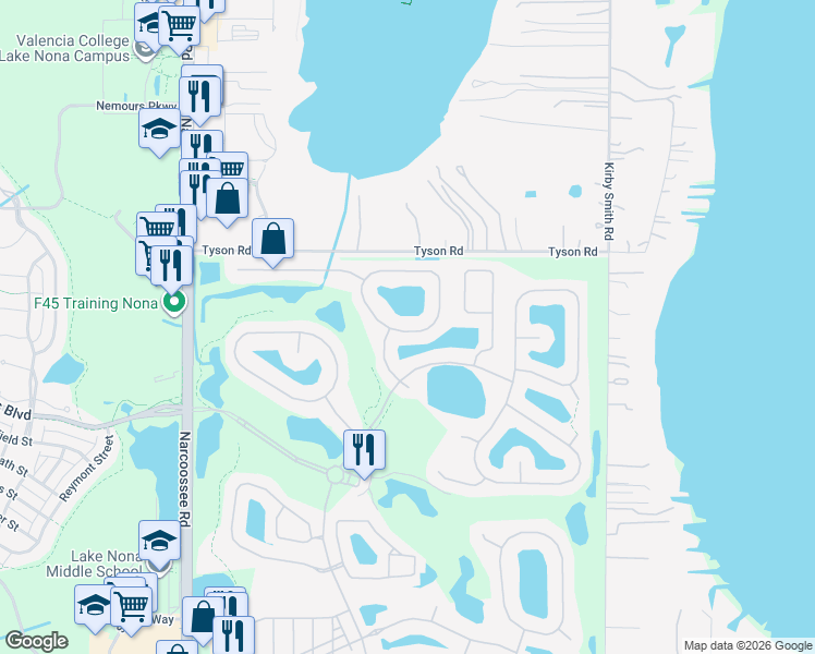 map of restaurants, bars, coffee shops, grocery stores, and more near 9825 Chorlton Circle in Orlando