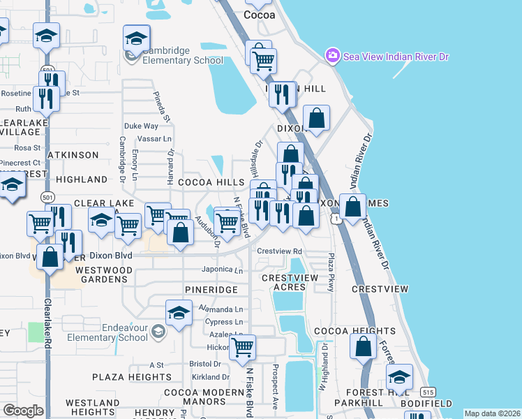 map of restaurants, bars, coffee shops, grocery stores, and more near 909 Kensington Drive in Cocoa