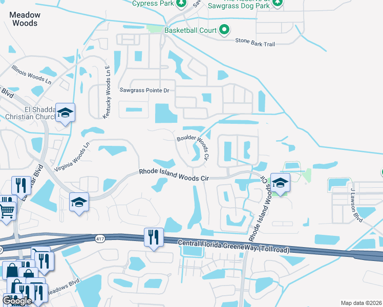 map of restaurants, bars, coffee shops, grocery stores, and more near 1035 Apopka Woods Lane in Orlando