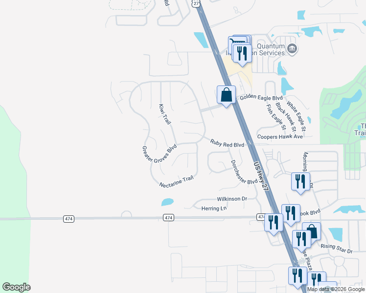 map of restaurants, bars, coffee shops, grocery stores, and more near 15217 Greater Groves Boulevard in Clermont