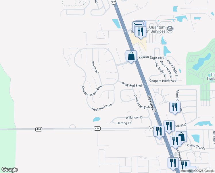 map of restaurants, bars, coffee shops, grocery stores, and more near 15217 Greater Groves Boulevard in Clermont