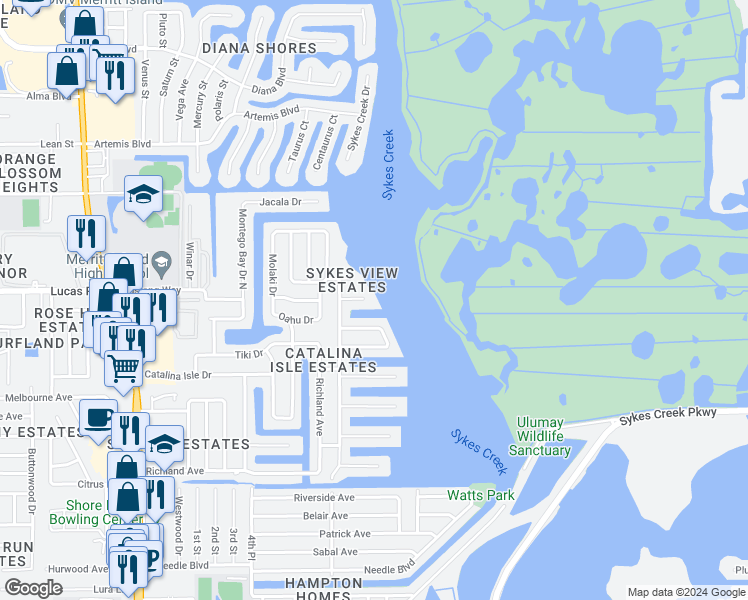 map of restaurants, bars, coffee shops, grocery stores, and more near 445 Poi Court in Merritt Island