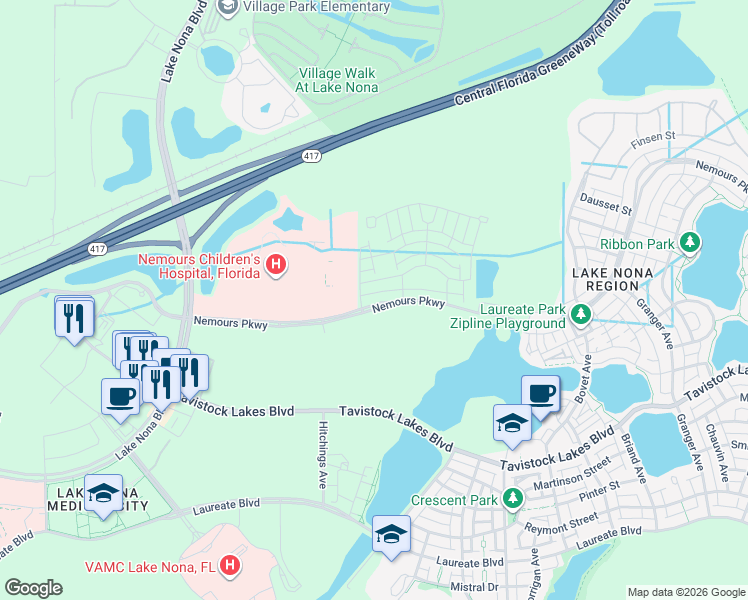 map of restaurants, bars, coffee shops, grocery stores, and more near 6889 Higgs Alley in Orlando