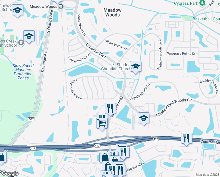 map of restaurants, bars, coffee shops, grocery stores, and more near 13113 San Antonio Woods Lane in Orlando
