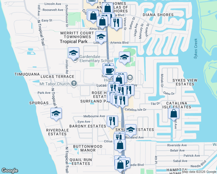 map of restaurants, bars, coffee shops, grocery stores, and more near 130 Queensland Avenue in Merritt Island