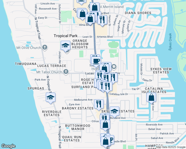 map of restaurants, bars, coffee shops, grocery stores, and more near 130 Queensland Avenue in Merritt Island
