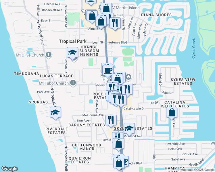map of restaurants, bars, coffee shops, grocery stores, and more near 130 Queensland Avenue in Merritt Island