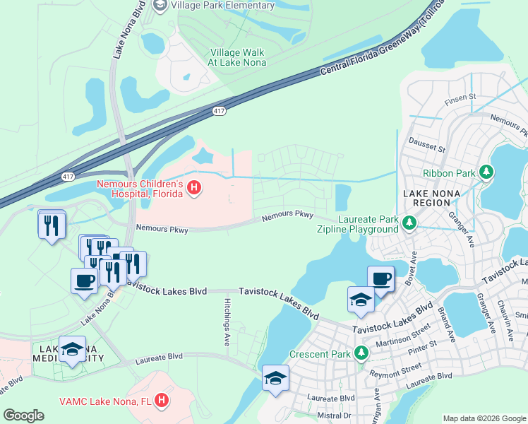 map of restaurants, bars, coffee shops, grocery stores, and more near 6889 Higgs Alley in Orlando
