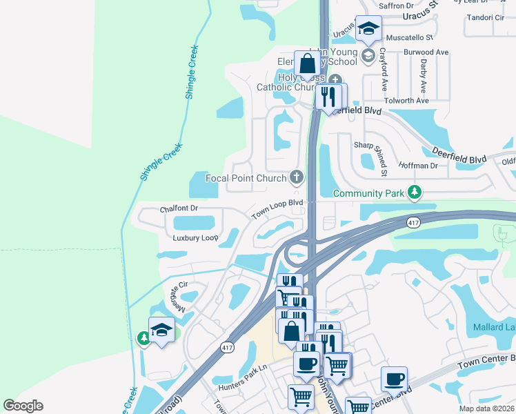 map of restaurants, bars, coffee shops, grocery stores, and more near 13013 Yardsley Court in Orlando