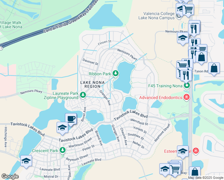 map of restaurants, bars, coffee shops, grocery stores, and more near 13375 Granger Avenue in Orlando