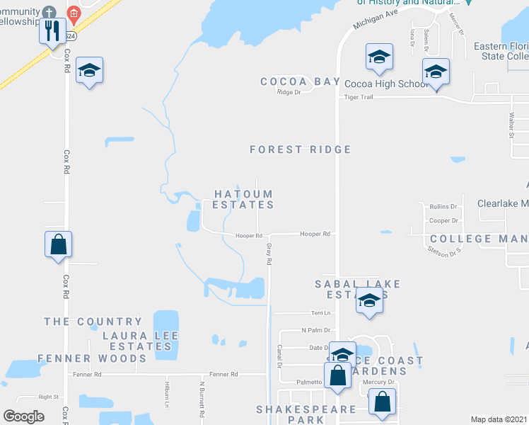 map of restaurants, bars, coffee shops, grocery stores, and more near 1115 Gary Hunt Road in Cocoa