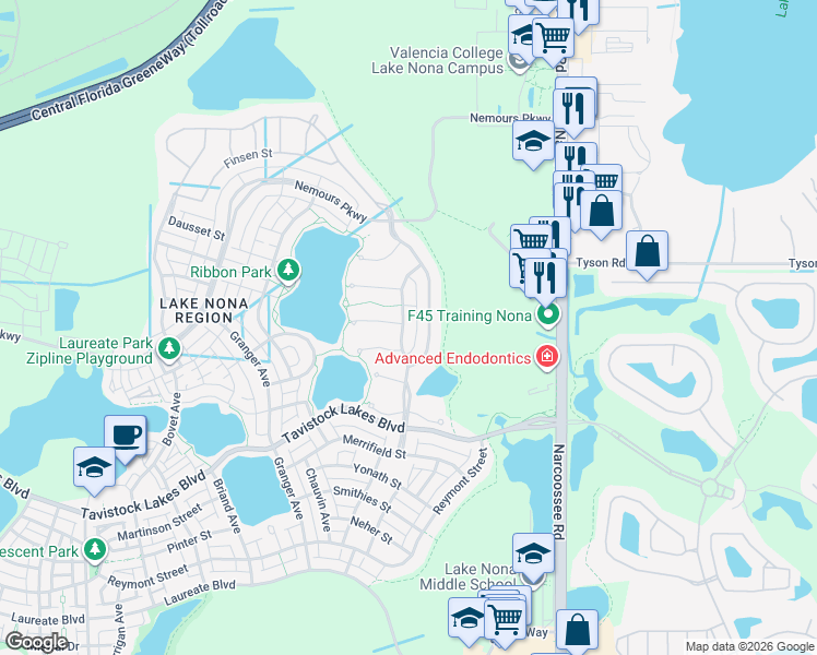 map of restaurants, bars, coffee shops, grocery stores, and more near 13195 Lessing Avenue in Orlando