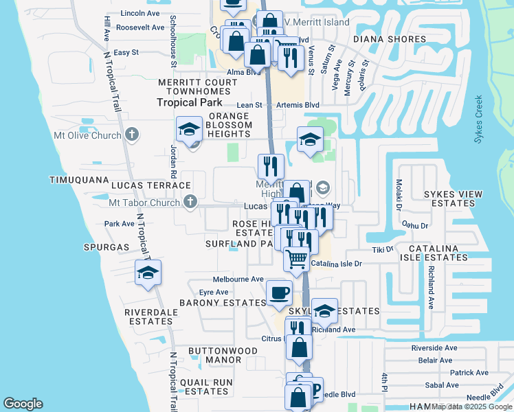 map of restaurants, bars, coffee shops, grocery stores, and more near 130 Queensland Avenue in Merritt Island