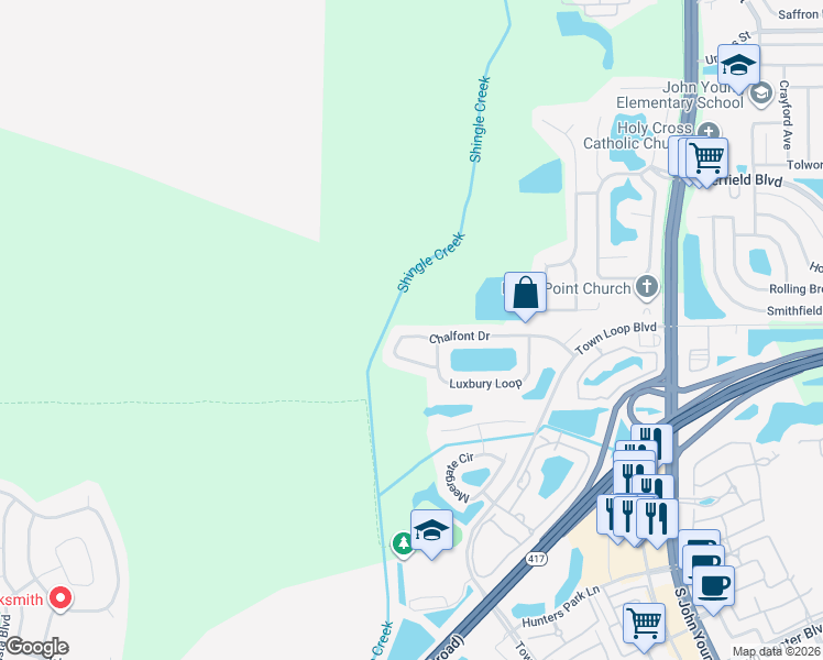 map of restaurants, bars, coffee shops, grocery stores, and more near 4800 Chalfont Drive in Orlando