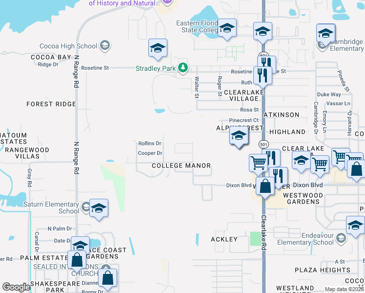 map of restaurants, bars, coffee shops, grocery stores, and more near 1405 College Avenue in Cocoa