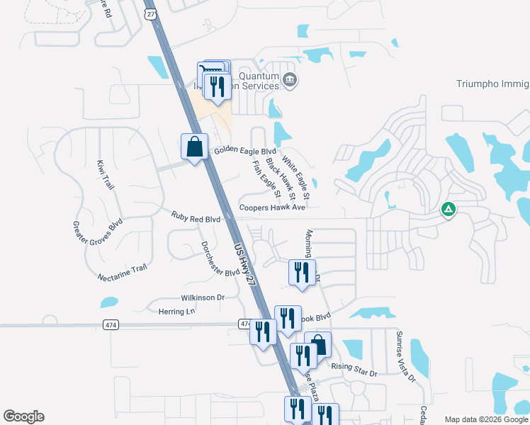 map of restaurants, bars, coffee shops, grocery stores, and more near 16419 Nelson Park Drive in Clermont