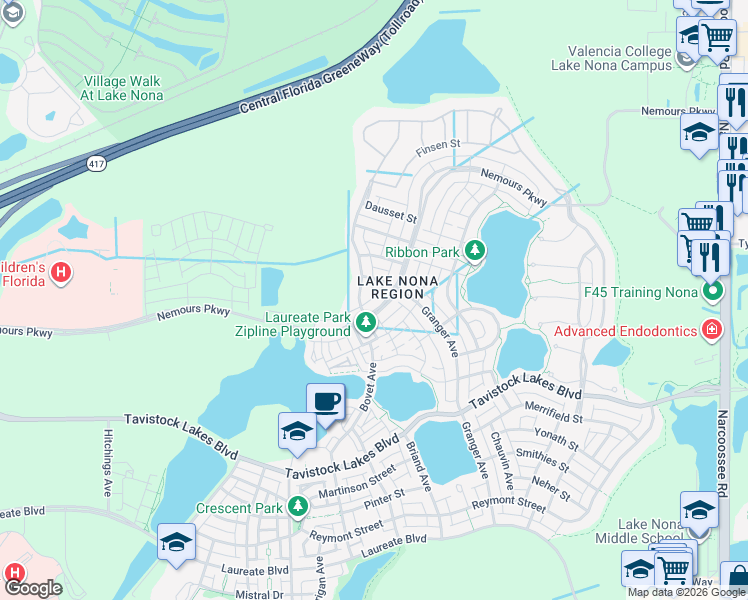 map of restaurants, bars, coffee shops, grocery stores, and more near 13107 Bovet Avenue in Orlando