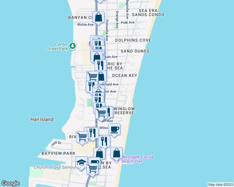 map of restaurants, bars, coffee shops, grocery stores, and more near 306 North Azure Lane in Cocoa Beach
