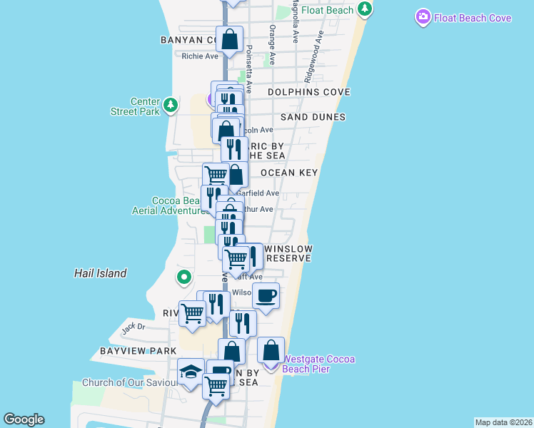 map of restaurants, bars, coffee shops, grocery stores, and more near 306 North Azure Lane in Cocoa Beach