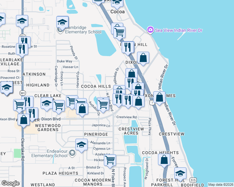 map of restaurants, bars, coffee shops, grocery stores, and more near 909 Kensington Drive in Cocoa