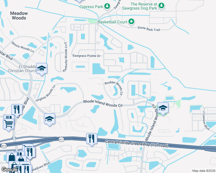 map of restaurants, bars, coffee shops, grocery stores, and more near 1010 Apopka Woods Lane in Orlando