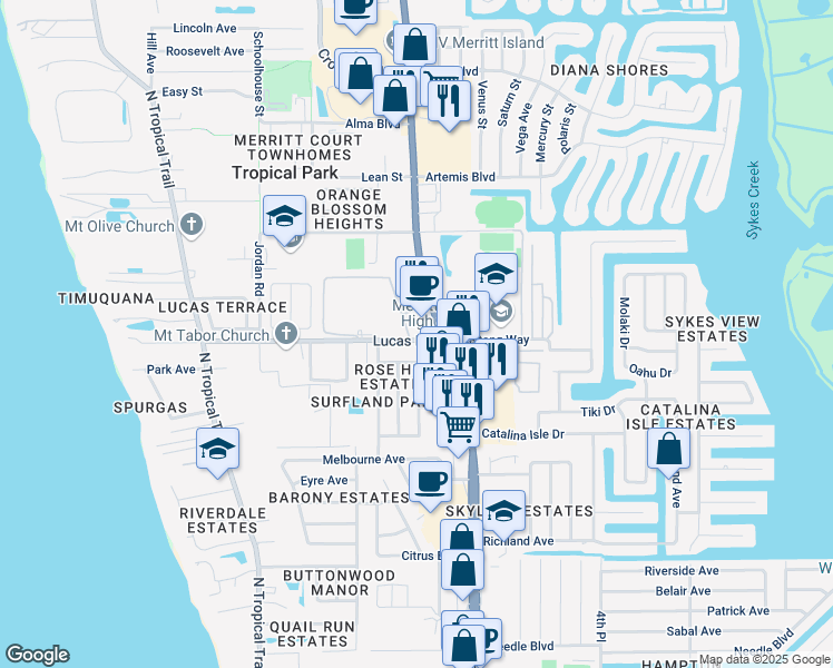 map of restaurants, bars, coffee shops, grocery stores, and more near 100 Lucas Road in Merritt Island