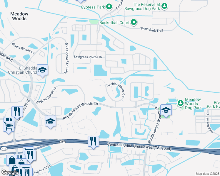 map of restaurants, bars, coffee shops, grocery stores, and more near 1010 Apopka Woods Lane in Orlando